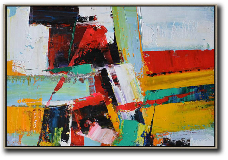 Large Contemporary Art Acrylic Painting,Horizontal Palette Knife Contemporary Art,Hand Paint Large Art,White,Red,Yellow,Lake Blue.etc